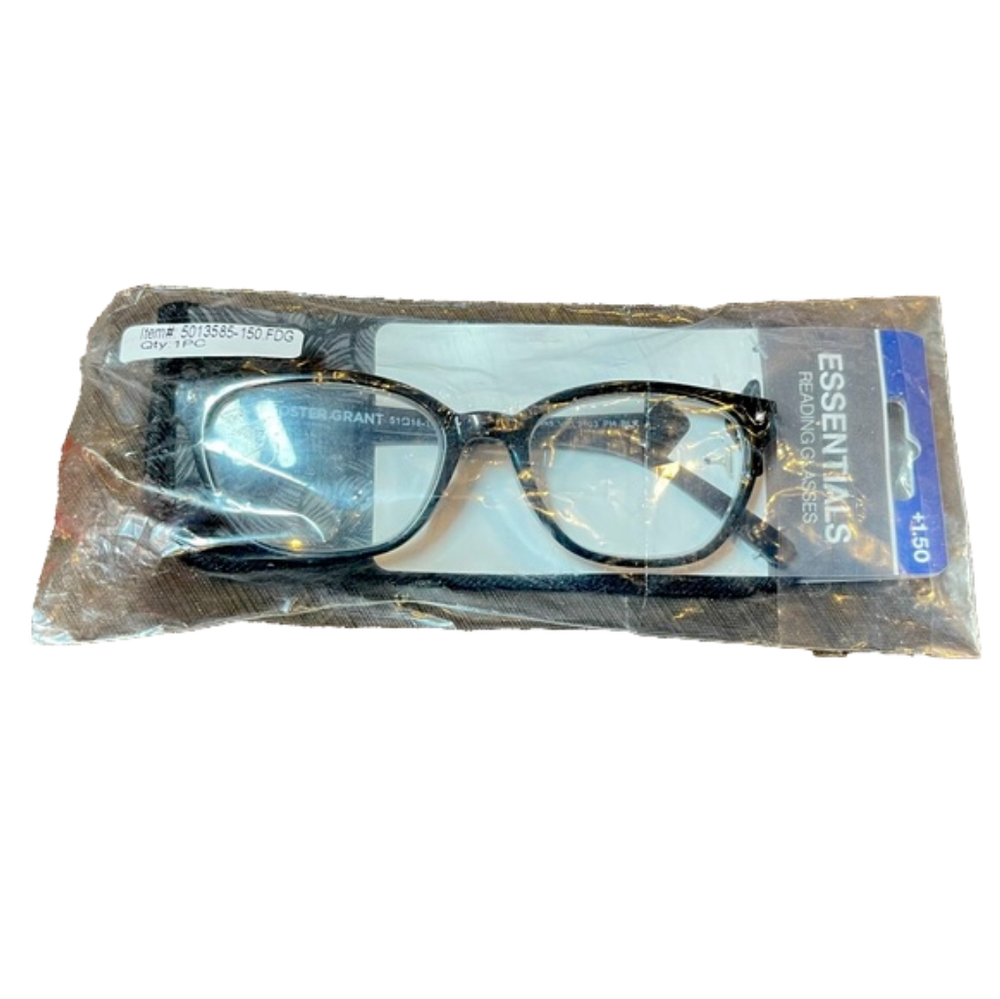 FOSTER GRANT “Essentials” black plastic frame reading glasses w/pouch. +1.50